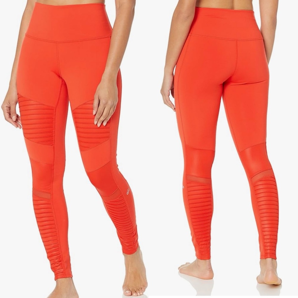 Alo Yoga High Waist Moto Mesh Panel Moto Leggings Women's Size XS Red Orange